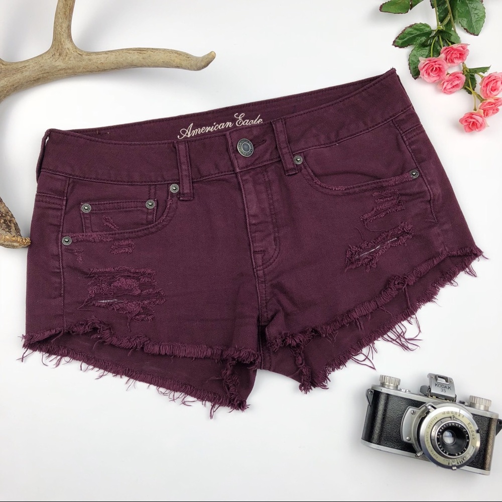 AE Maroon Denim Distressed Stretch Jean Shorts